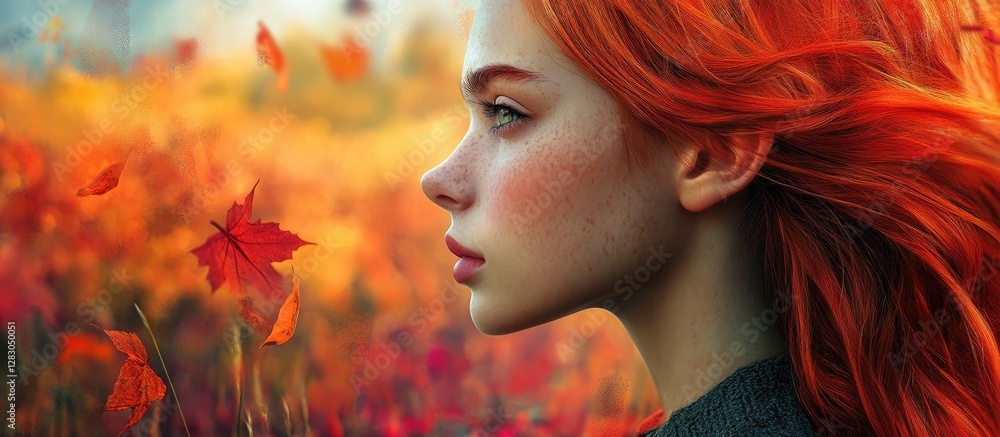 Naklejka premium Vibrant red-haired girl in profile against a colorful autumn landscape with orange and red leaves, soft focus and warm lighting.