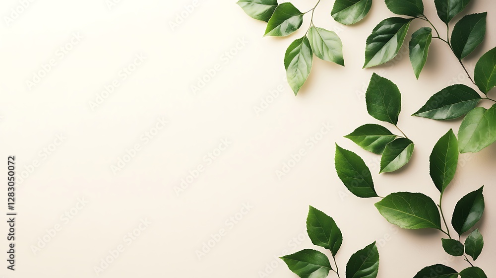 Green leaves arranged on a beige background Green leaves arranged on a beige background