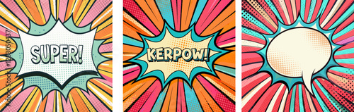 Set of vivid empty comic book speech bubble, Kerpow and Super bold text on retro pop art background, for socail media posts and poster design