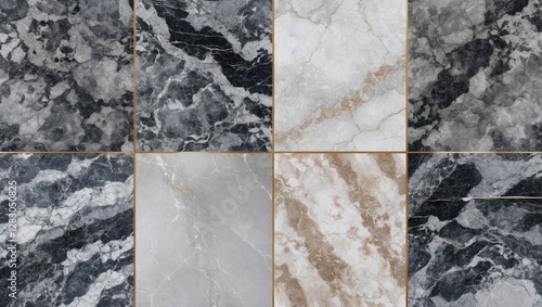 Marble tile texture collection featuring a variety of colors and patterns including black, gray, white, and beige arranged in a grid layout