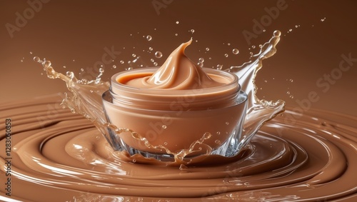 Creamy chocolate dessert in a glass bowl surrounded by chocolate sauce splashes on a brown background photo