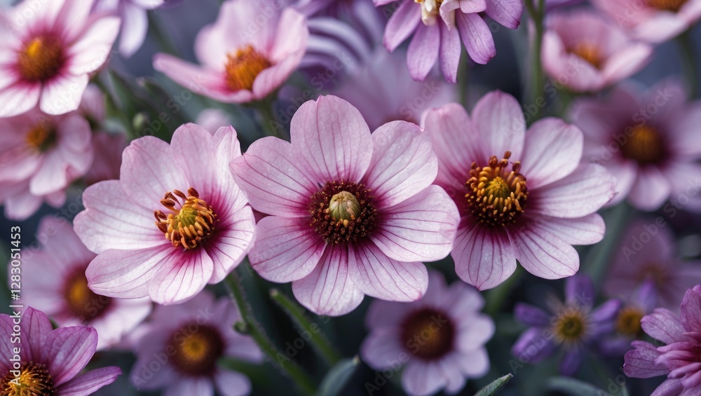 Delicate clusters of pink flowers with intricate petal details and vibrant yellow centers in a soft-focus botanical composition Delicate clusters of pink flowers with intricate petal details and vibrant yellow centers in a soft-focus botanical composition
