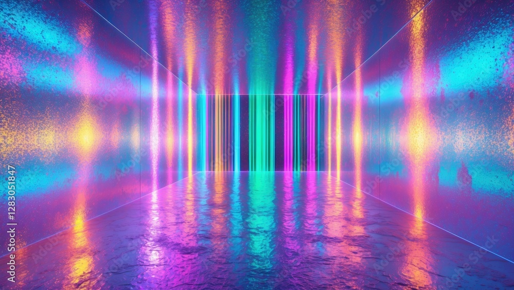 Abstract vibrant neon room with colorful reflections and illuminated walls creating a modern art installation effect. Abstract vibrant neon room with colorful reflections and illuminated walls creating a modern art installation effect.