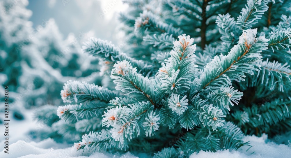 Frosted evergreen branches covered in snow with soft sunlight filtering through the trees in a winter landscape Frosted evergreen branches covered in snow with soft sunlight filtering through the trees in a winter landscape