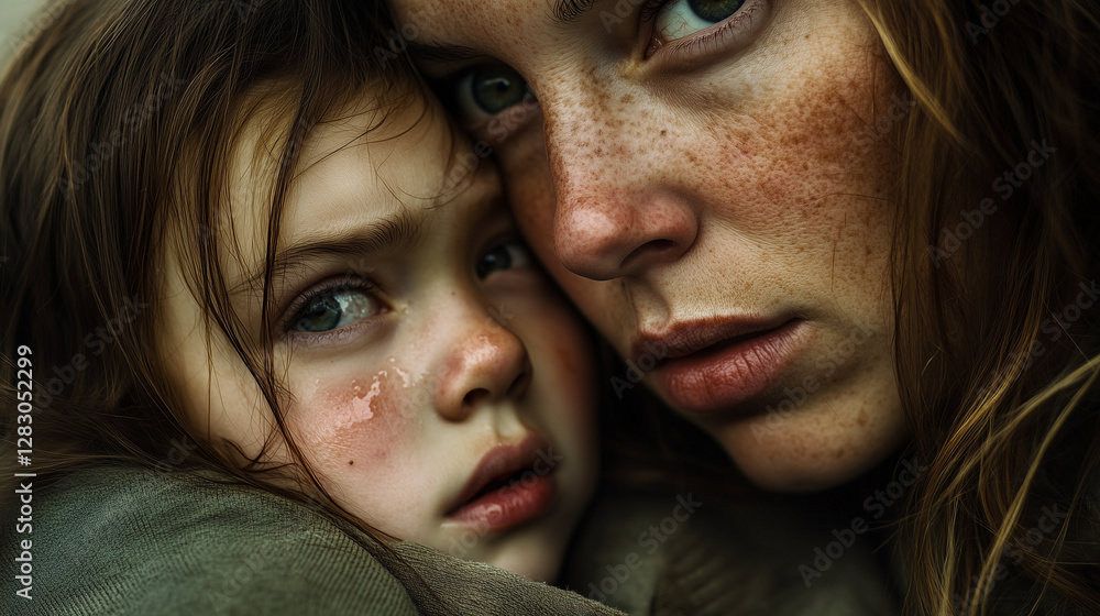 Create a deeply emotional and evocative close-up portrait of a mother and her young child in a war-torn setting Create a deeply emotional and evocative close-up portrait of a mother and her young child in a war-torn setting
