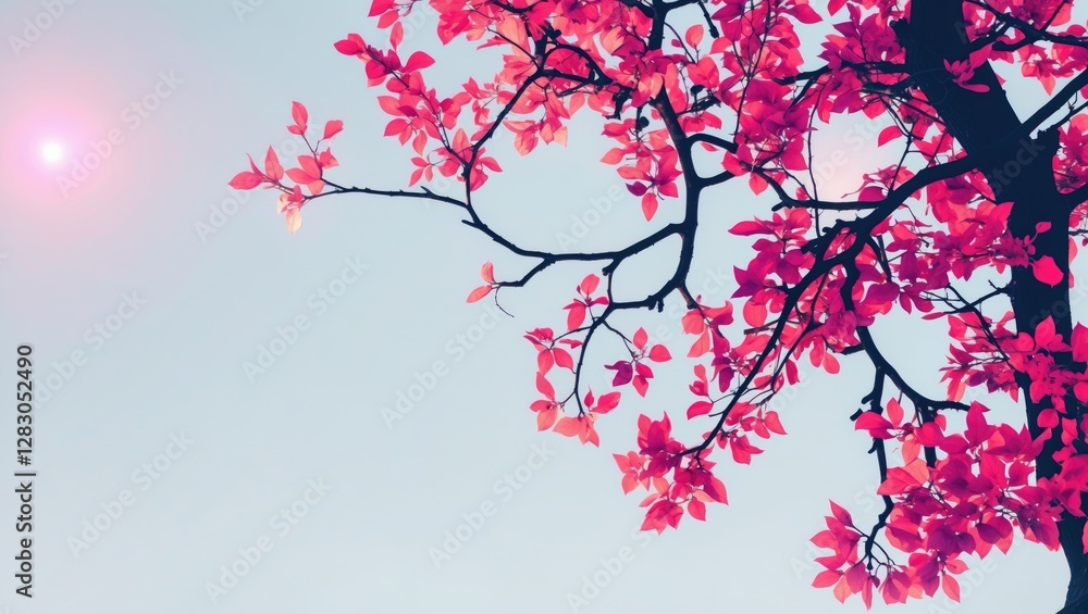 Fototapeta premium Vibrant pink leaves silhouette against a soft blue sky with sunlight creating a serene and tranquil atmosphere in nature.