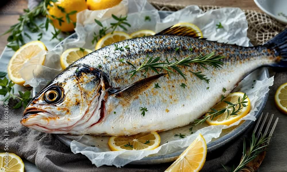 Fresh Sea Bream Fish with Slices of Lemon and Fish Net Fresh Sea Bream Fish with Slices of Lemon and Fish Net