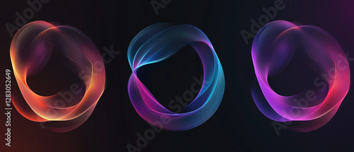 A set of three colorful vector abstract circles on a black background, digital line art, gradient colors, dark neon light blue and purple, orange, and turquoise lines in the shape of circles, with wav