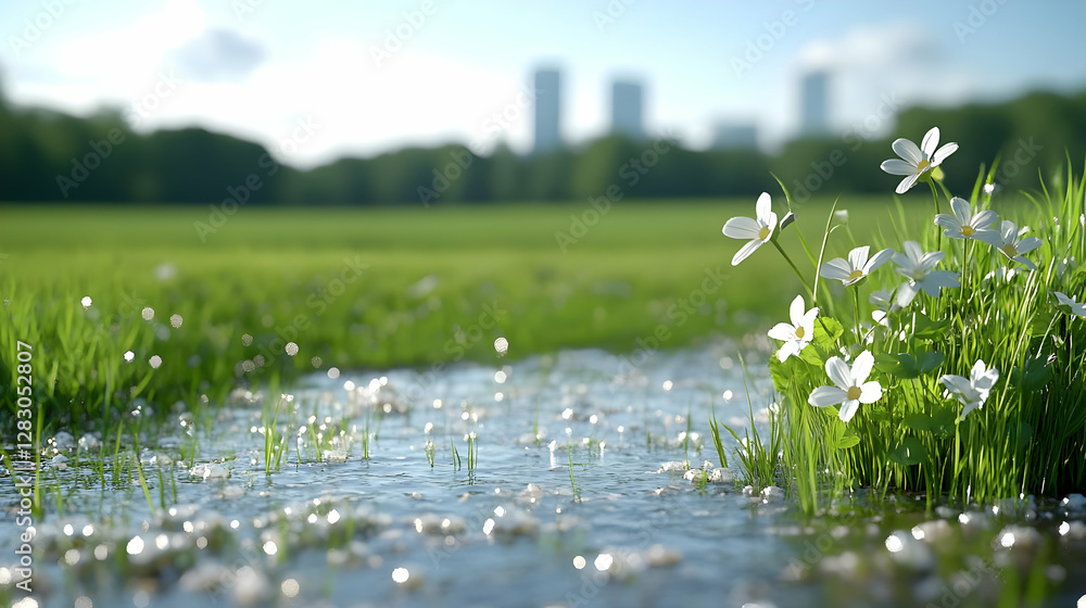 White flowers bloom near a small puddle in a lush green park, with a modern city skyline softly blurred in the background; perfect for nature, serenity, or spring themes White flowers bloom near a small puddle in a lush green park, with a modern city skyline softly blurred in the background; perfect for nature, serenity, or spring themes