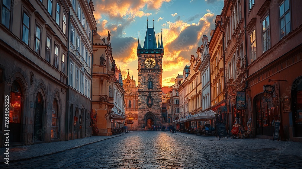 Fototapeta premium majestic old city with a historic landmark church and a tall tower surrounded by narrow streets and beautiful vintage architecture under a cloudy sky