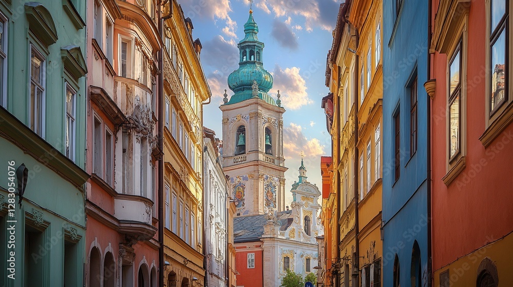 Fototapeta premium majestic old city with a historic landmark church and a tall tower surrounded by narrow streets and beautiful vintage architecture under a cloudy sky