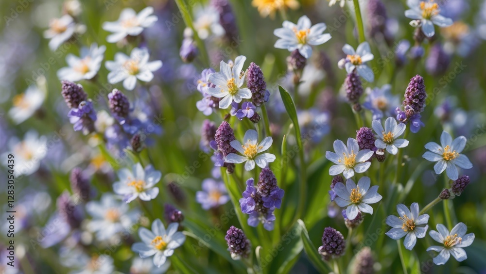 cluster of delicate white and purple wildflowers in a field with green foliage under natural sunlight cluster of delicate white and purple wildflowers in a field with green foliage under natural sunlight