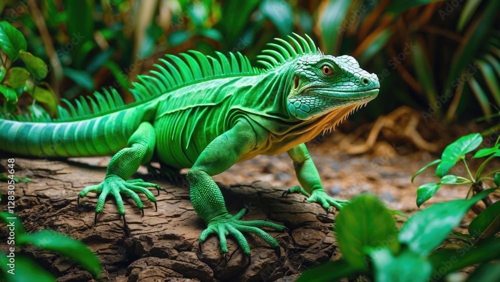 Green iguana perched on rocky surface surrounded by lush tropical foliage exhibiting vivid color and detailed texture in natural habitat. Green iguana perched on rocky surface surrounded by lush tropical foliage exhibiting vivid color and detailed texture in natural habitat.