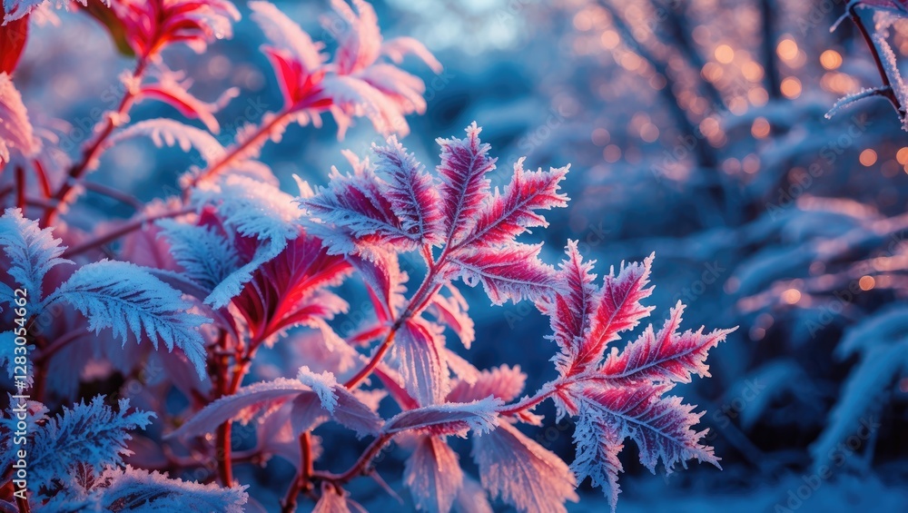 Frost-covered leaves with pink and blue tones in winter landscape background during sunrise or sunset in a natural setting Frost-covered leaves with pink and blue tones in winter landscape background during sunrise or sunset in a natural setting