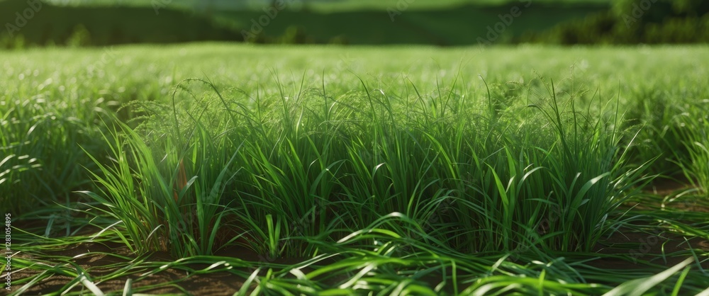 Fototapeta premium Lush green grass field close-up under natural sunlight with blurred background of rolling hills and a clear sky