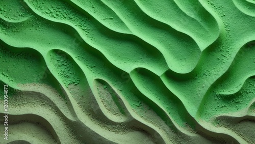 Textured green surface with wavy patterns and shadows creating a three-dimensional effect in artistic design.