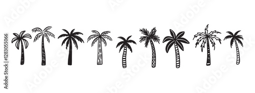 Palm tree tropical nature, vegetation doodle hand drawn icon set. Outline drawing palm tree tropical nature, vegetation line clipart symbol collection