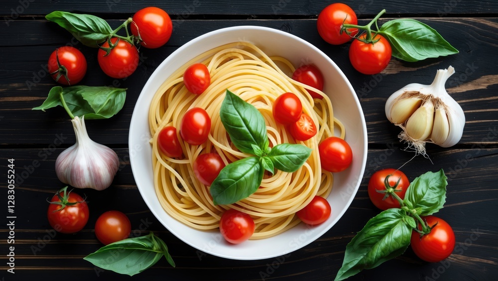 Plate of spaghetti with cherry tomatoes and fresh basil surrounded by garlic and additional tomatoes on a wooden table Plate of spaghetti with cherry tomatoes and fresh basil surrounded by garlic and additional tomatoes on a wooden table