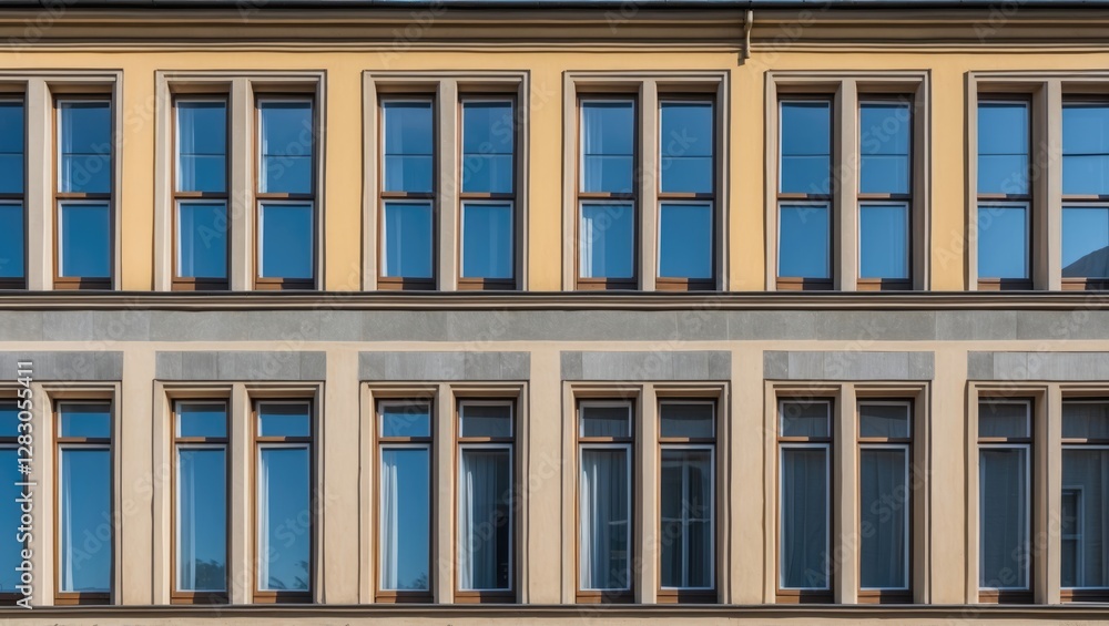 Facade of a modern building with multiple windows showcasing architectural design and real estate details in urban setting Facade of a modern building with multiple windows showcasing architectural design and real estate details in urban setting