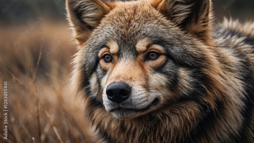 Obraz premium Close-up of a wolf with dense fur and intense gaze in a natural outdoor setting among brown grasses