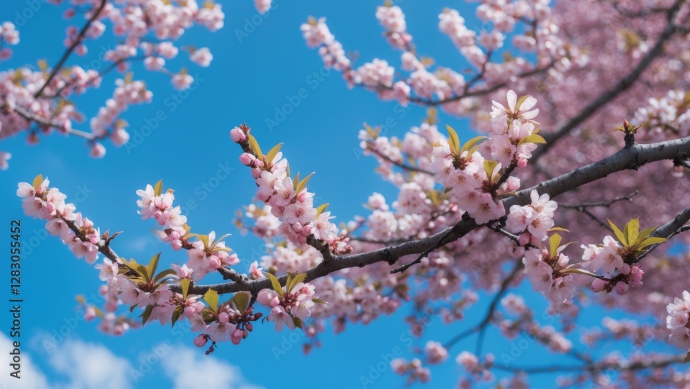 Cherry blossom branches in full bloom against a clear blue sky creating a serene and vibrant springtime atmosphere. Cherry blossom branches in full bloom against a clear blue sky creating a serene and vibrant springtime atmosphere.
