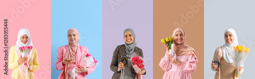 Set of Muslim women with fl...