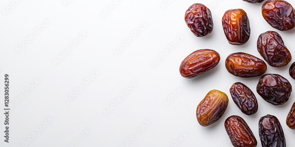 Flat lay composition of various dates in rich brown tones on a white background with ample negative space for text positioned on the left side. Flat lay composition of various dates in rich brown tones on a white background with ample negative space for text positioned on the left side.
