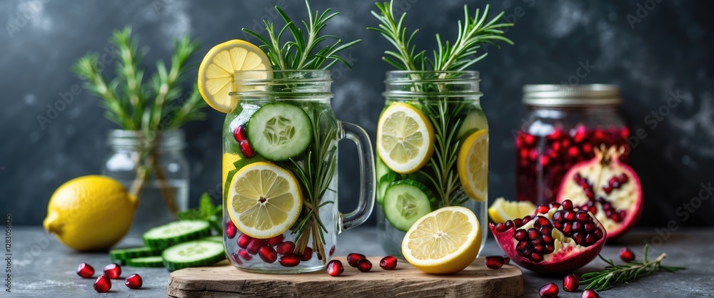 Infused water with lemon cucumber rosemary and pomegranate in glass jars promoting healthy hydration and nutrition for wellness lifestyles. Infused water with lemon cucumber rosemary and pomegranate in glass jars promoting healthy hydration and nutrition for wellness lifestyles.