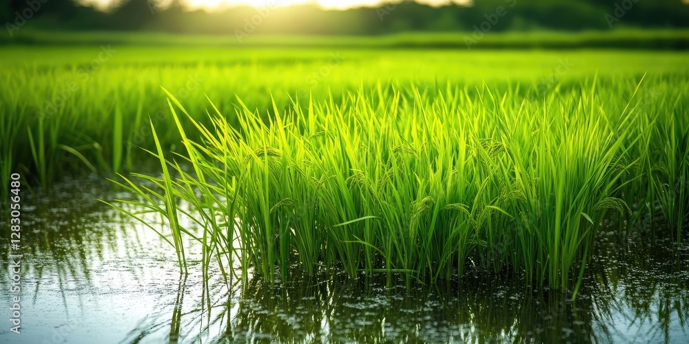 Fototapeta premium Lush green rice plants in a serene flooded field shimmering under warm sunset light with reflections on water surface in the background