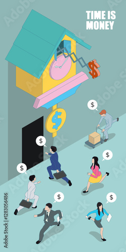 Time is money in isometric vector image. Perfect for illustrating concepts, landing page, marketing materials, etc. vector format for easy customization.