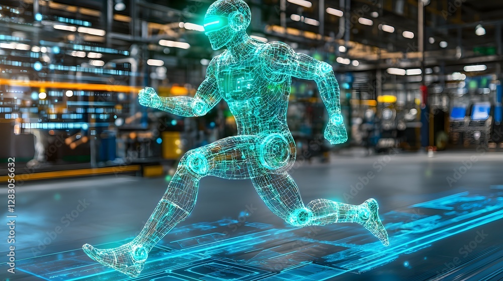 Fototapeta premium Futuristic ai-controlled robotic exoskeleton testing in high-tech factory dynamic action industrial environment futuristic viewpoint