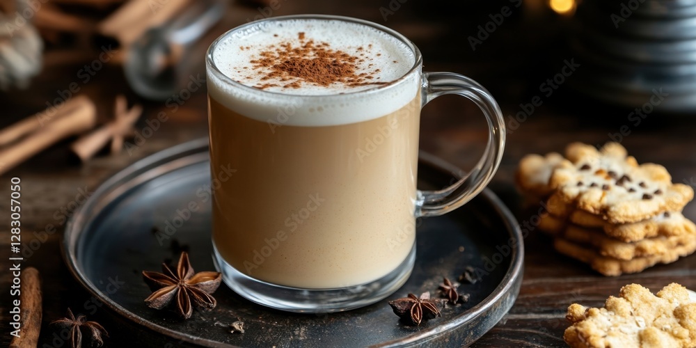 Rich Sarabba latte served in a clear glass mug on a dark wooden surface, garnished with cinnamon and star anise, alongside assorted cookies and snacks. Rich Sarabba latte served in a clear glass mug on a dark wooden surface, garnished with cinnamon and star anise, alongside assorted cookies and snacks.