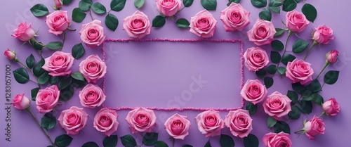 Pink roses arranged decoratively around a rectangular empty frame on a lavender background with green leaves interspersed.