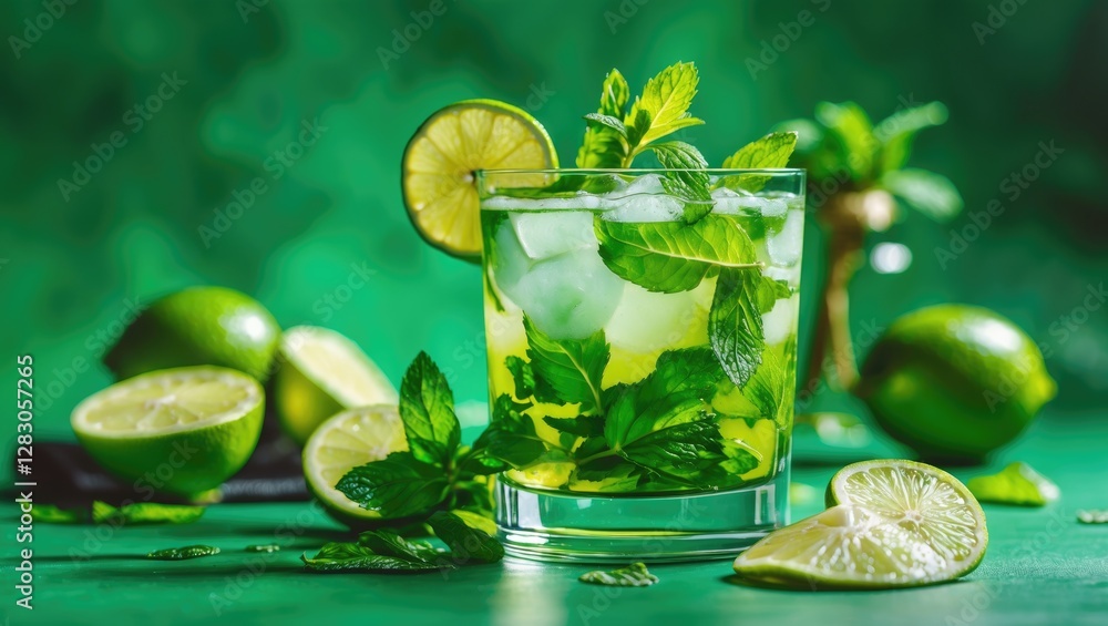 Fototapeta premium Refreshing Mojito Cocktail with Fresh Mint and Limes on Vibrant Green Background Perfect for Summer Beverage Promotions