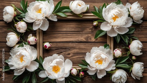 Floral arrangement of white peonies and leaves around an empty wooden frame on a rustic wooden background