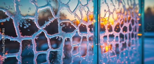 frosted window with intricate ice patterns at sunset displaying warm colors in background and detailed texture of frozen water droplets