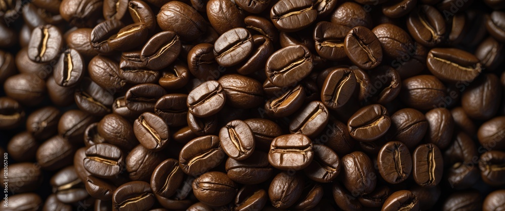 Naklejka premium Close-up of roasted coffee beans with rich brown color and various textures arranged closely in a bulk composition