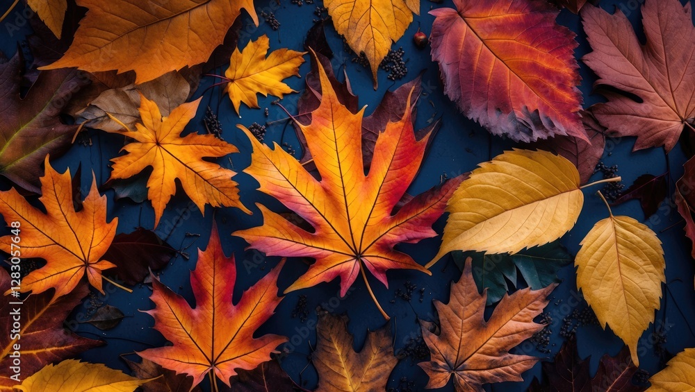 Autumn leaves in various colors arranged on a dark background top view natural seasonal decoration Autumn leaves in various colors arranged on a dark background top view natural seasonal decoration