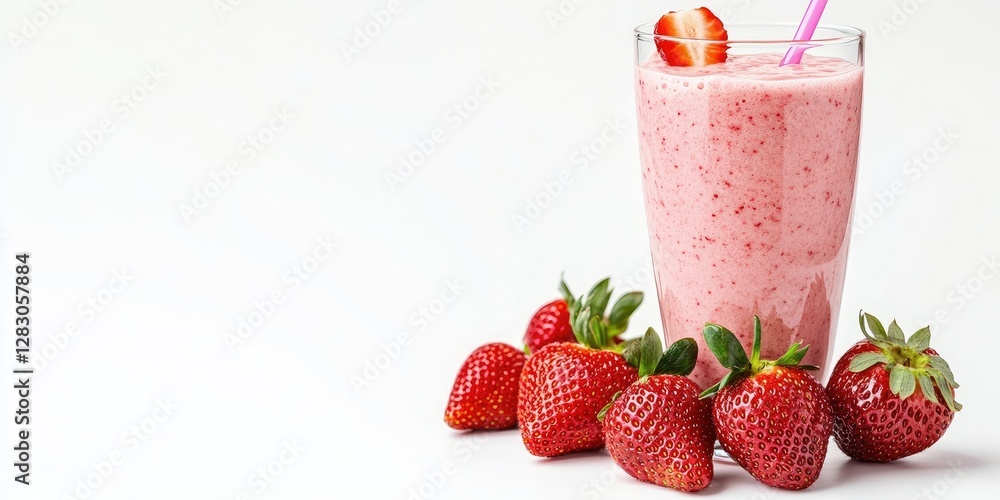 Strawberry smoothie in clear glass with pink straw on white background surrounded by fresh strawberries ideal for detox and healthy eating themes Strawberry smoothie in clear glass with pink straw on white background surrounded by fresh strawberries ideal for detox and healthy eating themes
