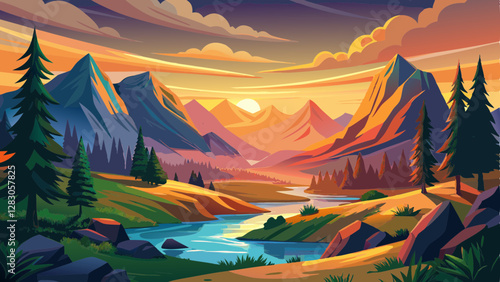 Sunset in the mountain valley. Beautiful natural landscape in the summer time