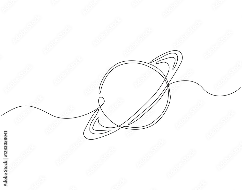 Obraz premium Continuous line drawing of saturn planet. Single line illustration of saturn or ringed planet. Outer space, planetary concept. Editable outline