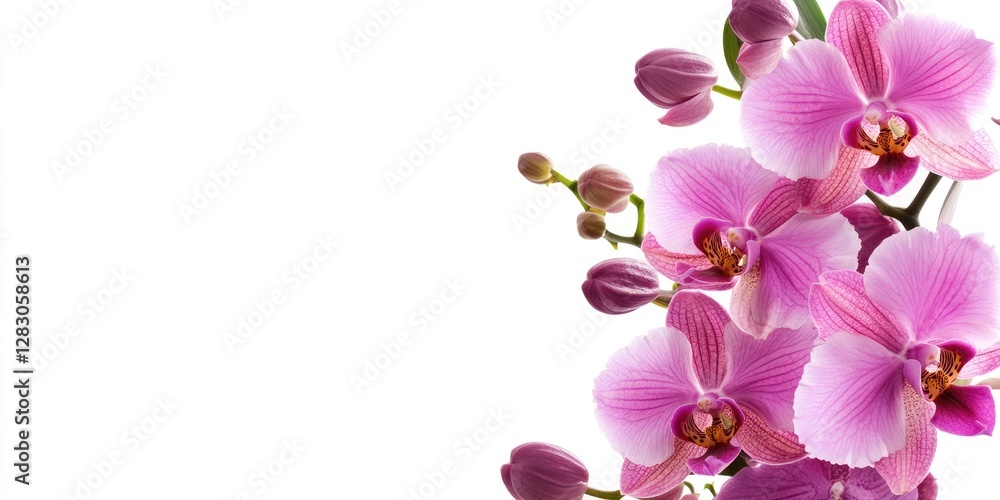 Fototapeta premium Orchid flowers in vibrant pink hues arranged with delicate buds on the left side against a bright white backdrop showcasing ample negative space