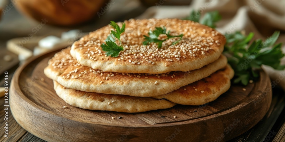 Freshly baked sesame bread stacked on a wooden plate with green parsley garnishing the top against a rustic background in warm tones. Freshly baked sesame bread stacked on a wooden plate with green parsley garnishing the top against a rustic background in warm tones.