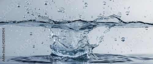 Water splash in a calm body of water with droplets rising and falling creating ripples and reflections in a neutral background