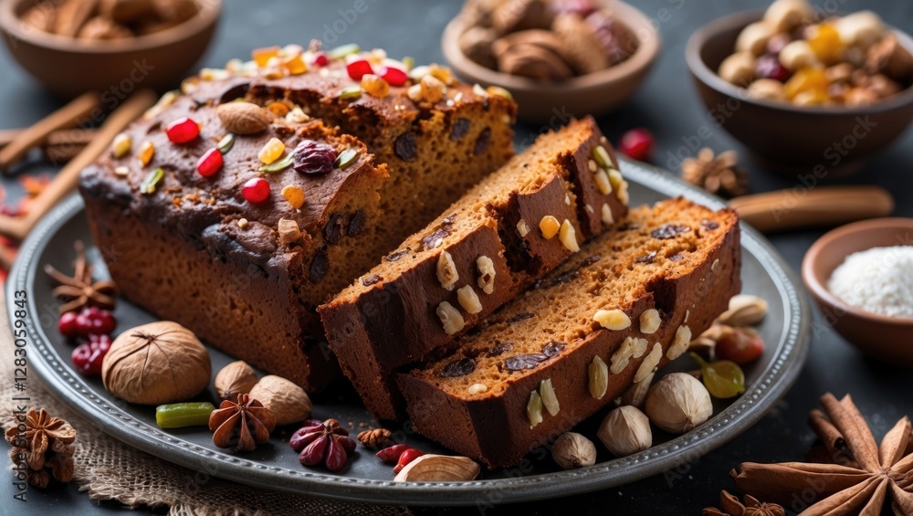 Freshly baked fruitcake with nuts and dried fruits on a decorative plate surrounded by spices and nuts on a dark wooden table Freshly baked fruitcake with nuts and dried fruits on a decorative plate surrounded by spices and nuts on a dark wooden table