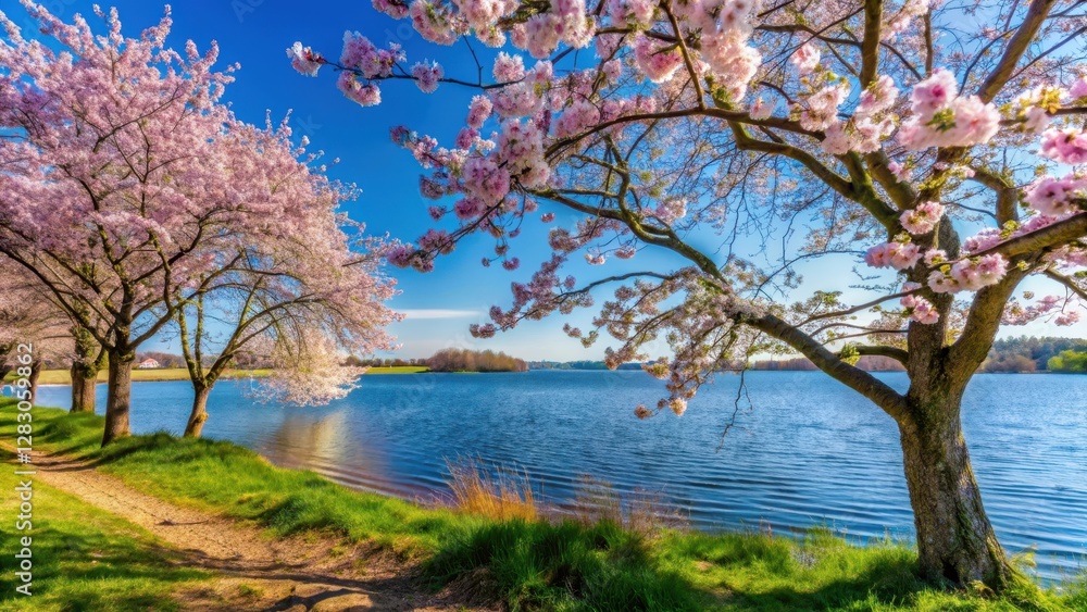 Spring blooms on the shores of Krakower See in Mecklenburg with blooming cherry blossoms and trees , mecklenburg Spring blooms on the shores of Krakower See in Mecklenburg with blooming cherry blossoms and trees , mecklenburg