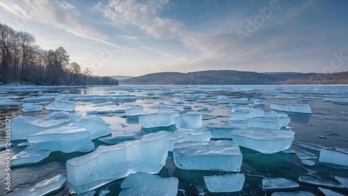 Melting icebergs on a calm lake surface with a clear sky and distant hills during early morning light in winter season