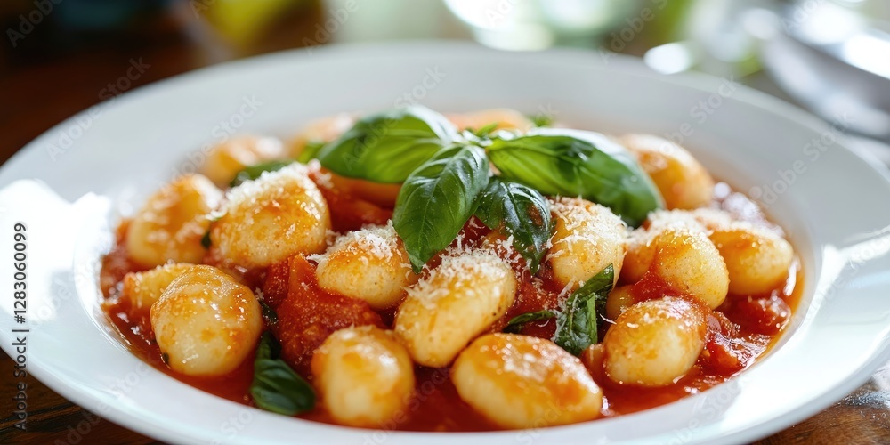 Creamy gnocchi with tomato sauce topped with fresh basil and grated cheese, served in a white bowl on a wooden table with soft natural lighting. Creamy gnocchi with tomato sauce topped with fresh basil and grated cheese, served in a white bowl on a wooden table with soft natural lighting.