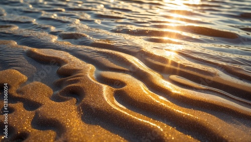 Sunlight reflecting on wet sandy shoreline creating textured patterns and ripples during golden hour at the beach