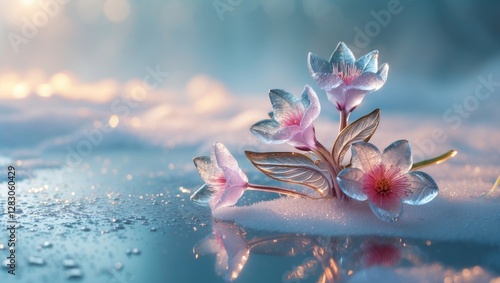 Delicate pink flowers with translucent petals on a serene surface with water droplets and soft lighting in a blurred background